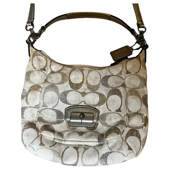 Coach Kristin Sequin Embellished Canvas Hobo Shoulder Bag 19340 Beige Signature - Picture 2 of 9